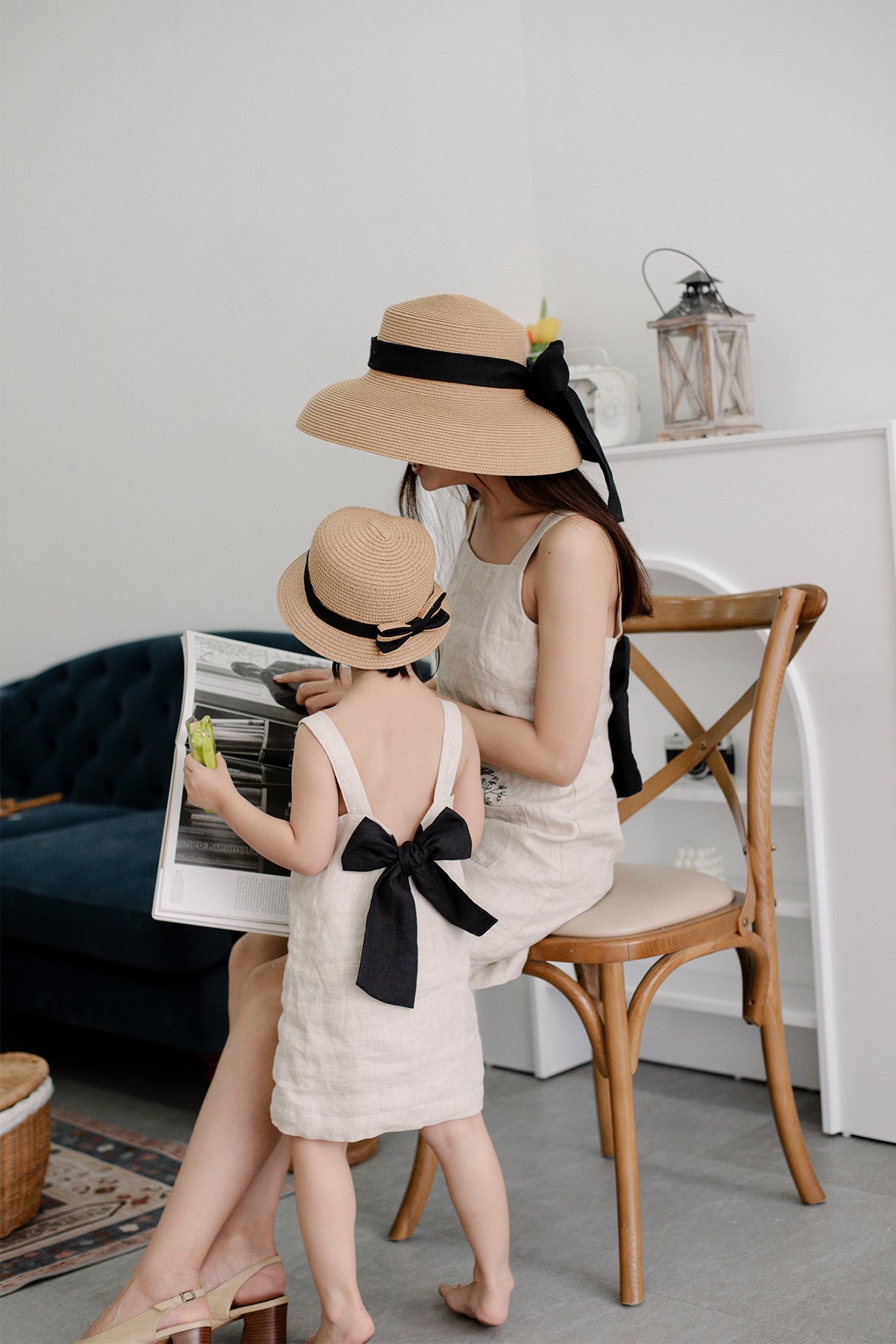 Black Bow Linen Dresses for Mom and Kids